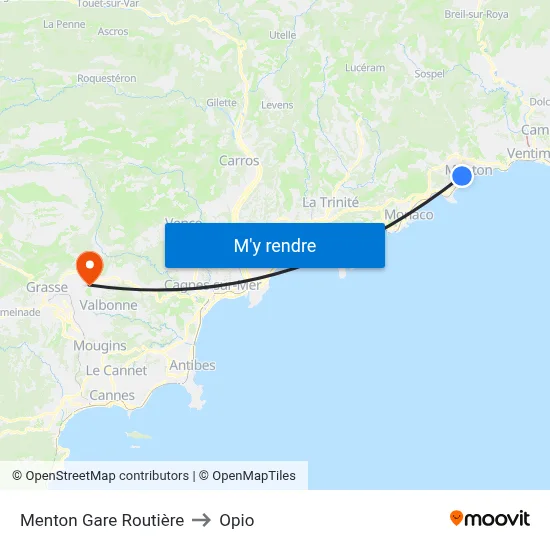 Menton Gare Routière to Opio map