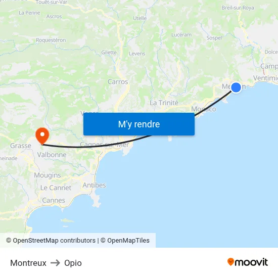 Montreux to Opio map