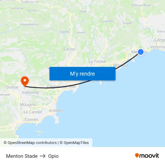 Menton Stade to Opio map