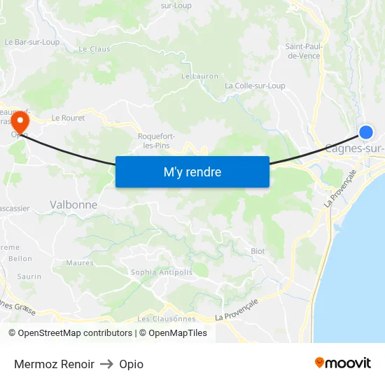 Mermoz Renoir to Opio map