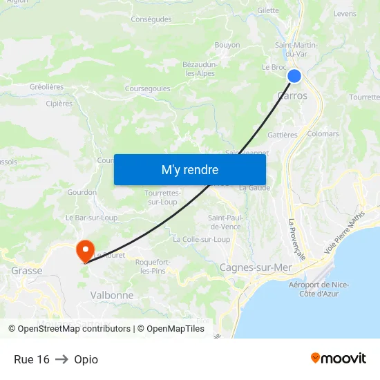 Rue 16 to Opio map