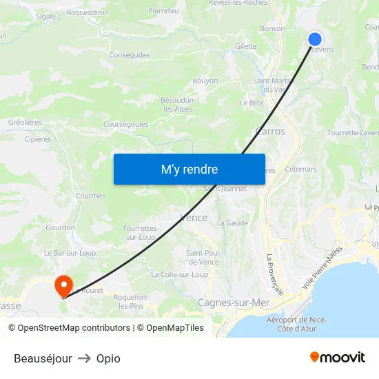Beauséjour to Opio map