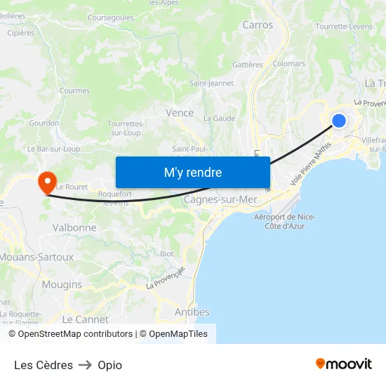 Les Cèdres to Opio map