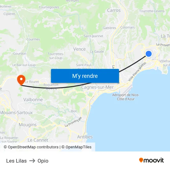 Les Lilas to Opio map