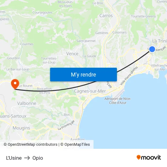 L'Usine to Opio map