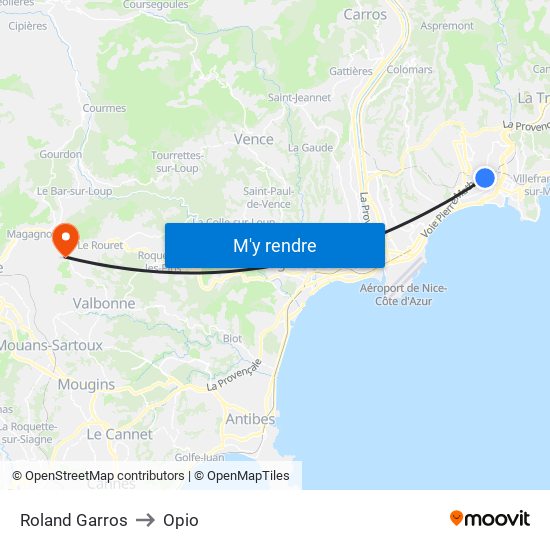 Roland Garros to Opio map