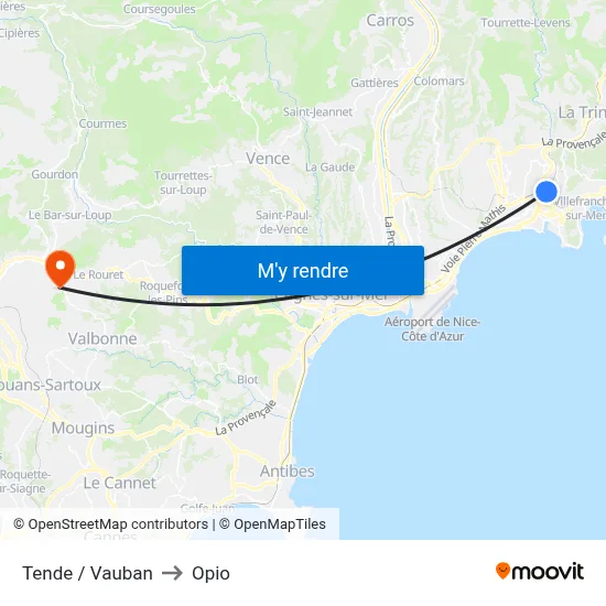 Tende / Vauban to Opio map