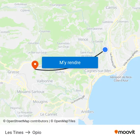 Les Tines to Opio map