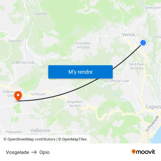 Vosgelade to Opio map