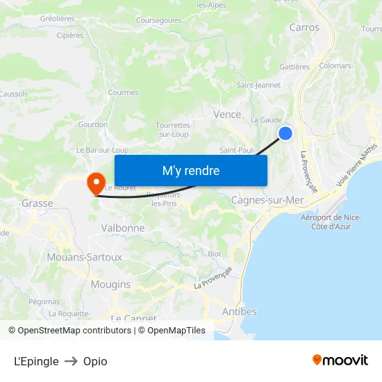 L'Epingle to Opio map