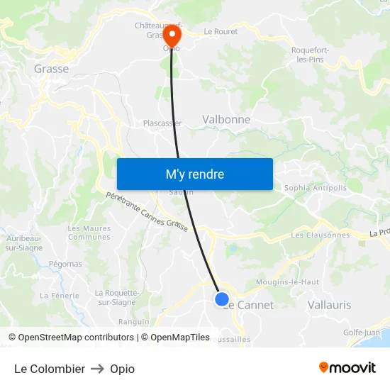 Le Colombier to Opio map