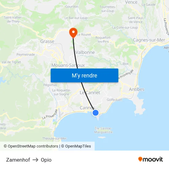 Zamenhof to Opio map