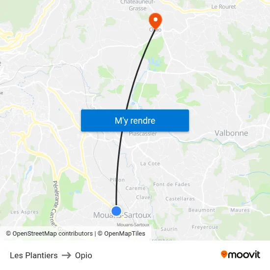 Les Plantiers to Opio map