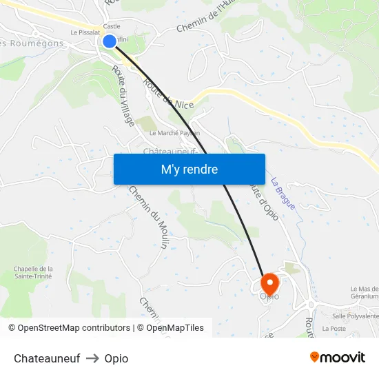 Chateauneuf to Opio map