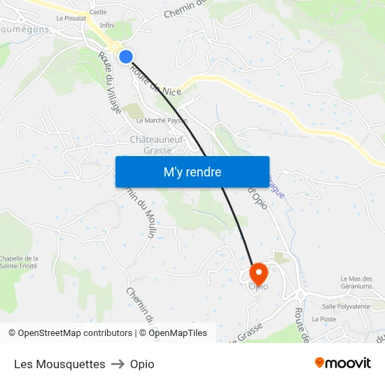 Les Mousquettes to Opio map