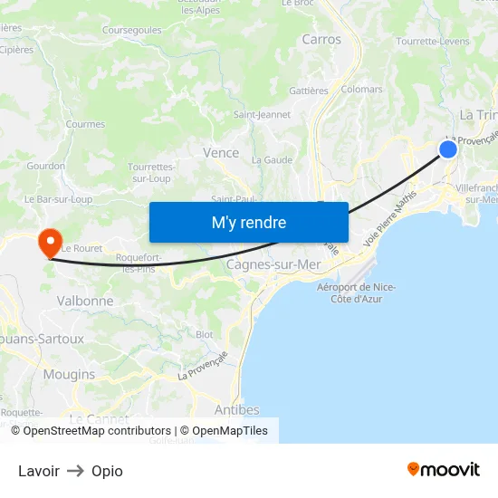 Lavoir to Opio map