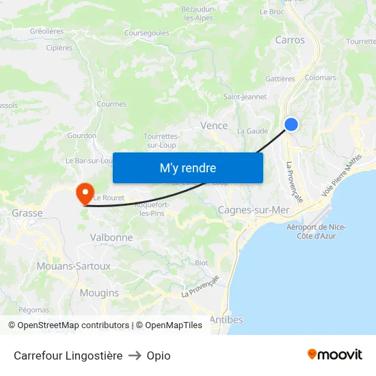 Carrefour Lingostière to Opio map