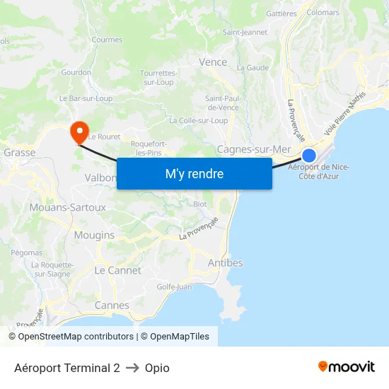 Aéroport Terminal 2 to Opio map