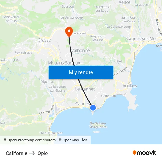 Californie to Opio map