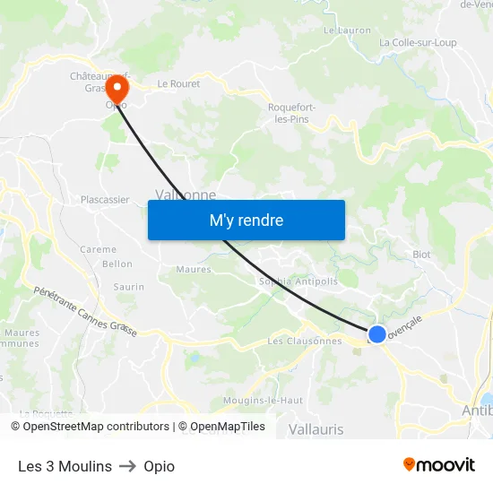 Les 3 Moulins to Opio map