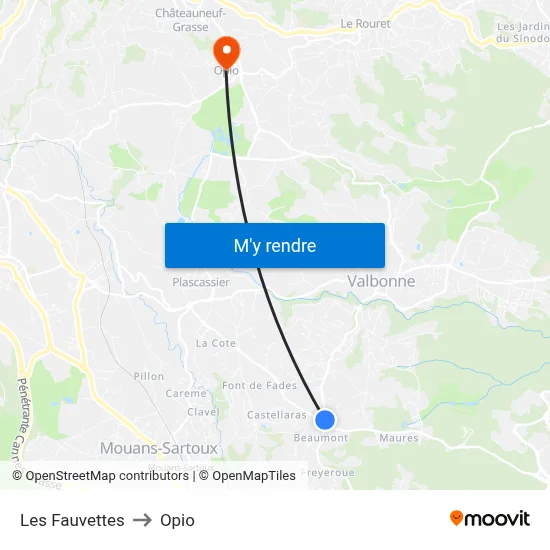 Les Fauvettes to Opio map