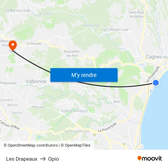 Les Drapeaux to Opio map