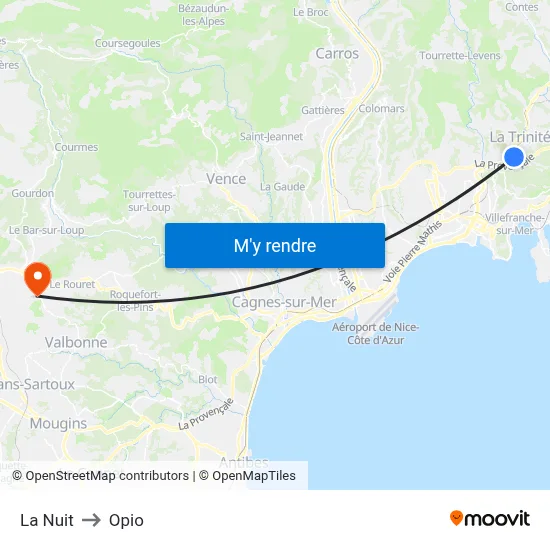 La Nuit to Opio map