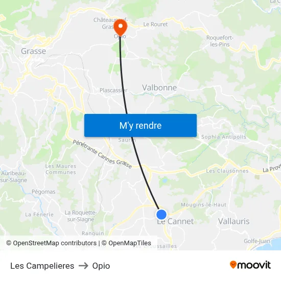 Les Campelieres to Opio map