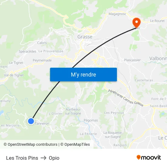 Les Trois Pins to Opio map