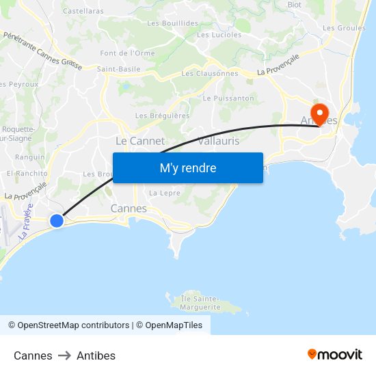 Cannes to Antibes map