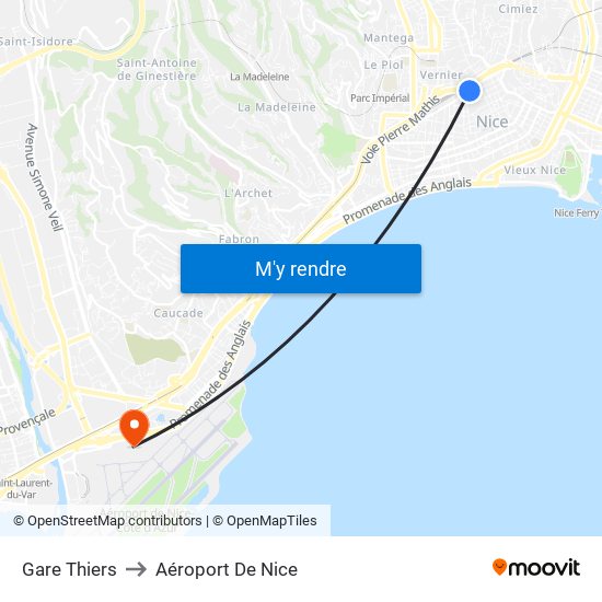 Gare Thiers to Aéroport De Nice map