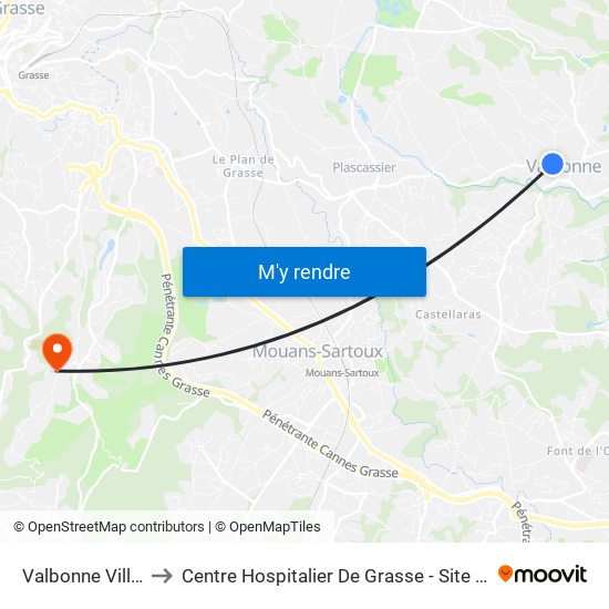 Valbonne Village to Centre Hospitalier De Grasse - Site Clavary map