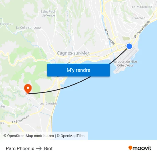 Parc Phoenix to Biot map