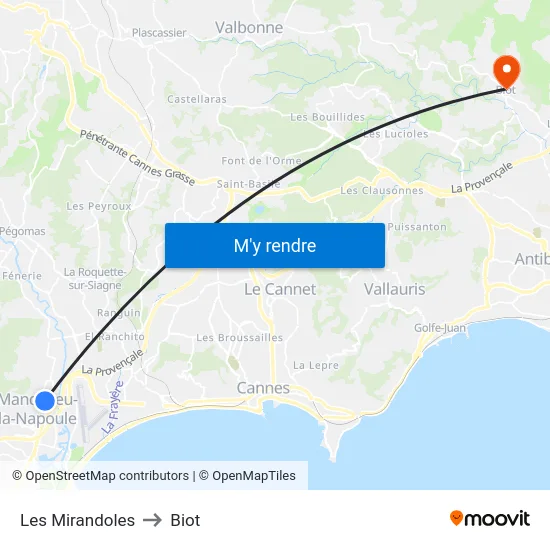 Les Mirandoles to Biot map