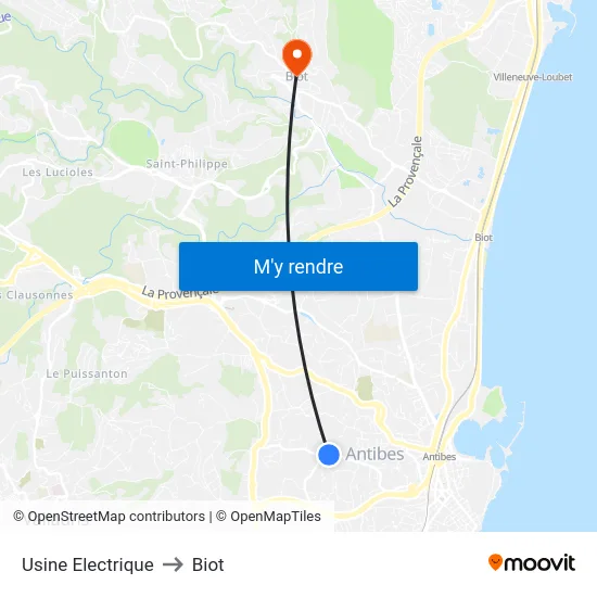 Usine Electrique to Biot map