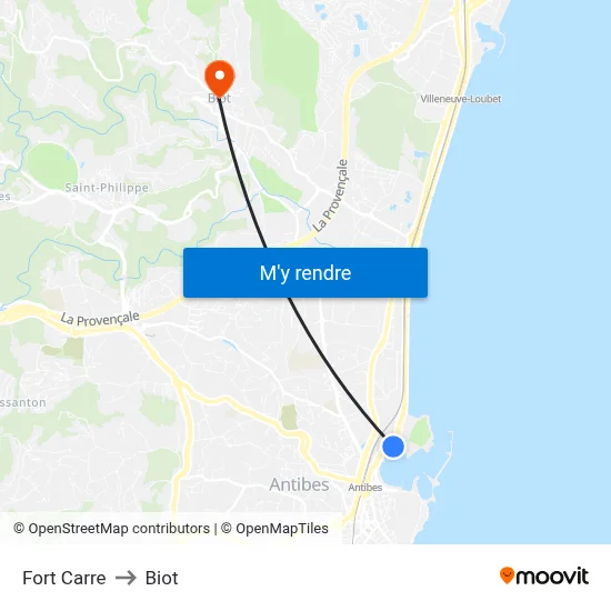 Fort Carre to Biot map