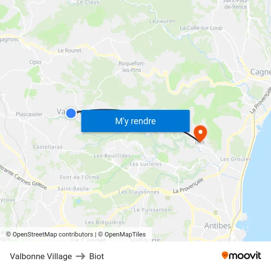 Valbonne Village to Biot map