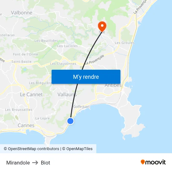 Mirandole to Biot map