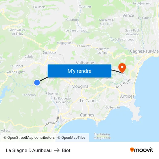 La Siagne D'Auribeau to Biot map