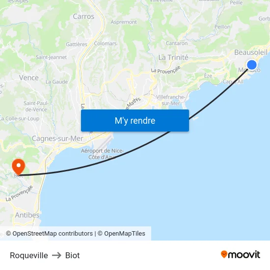 Roqueville to Biot map