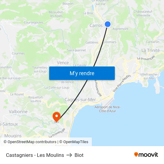 Castagniers - Les Moulins to Biot map