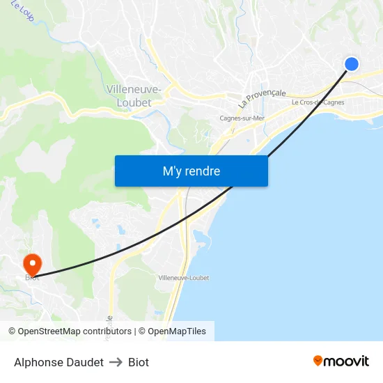 Alphonse Daudet to Biot map