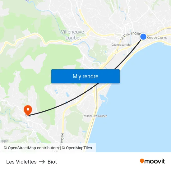 Les Violettes to Biot map
