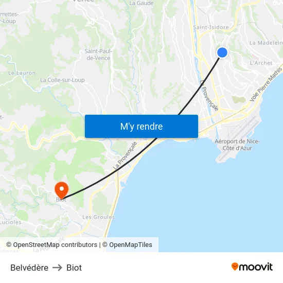 Belvédère to Biot map