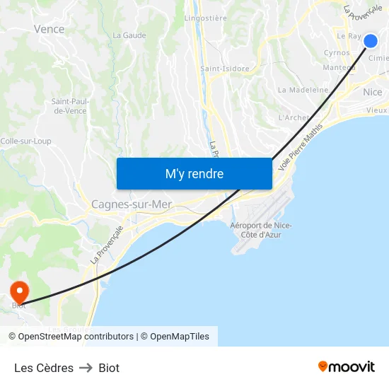 Les Cèdres to Biot map