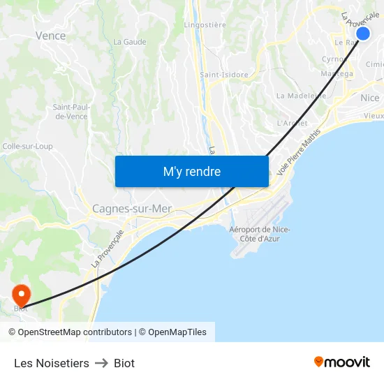 Les Noisetiers to Biot map