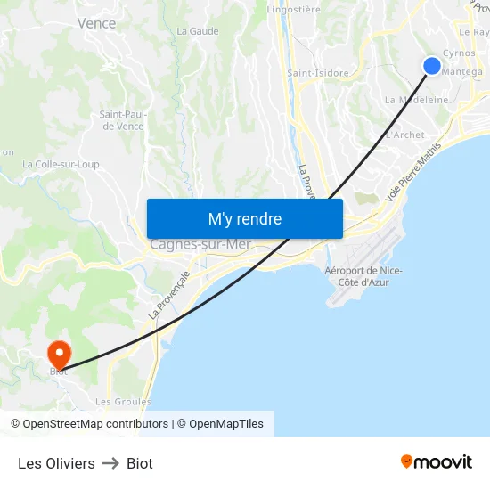 Les Oliviers to Biot map