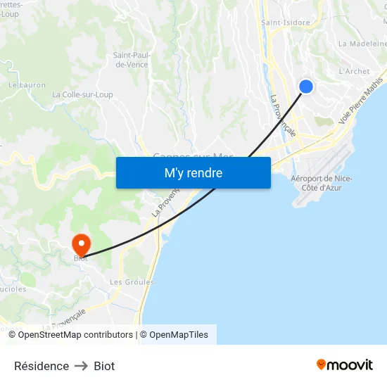 Résidence to Biot map