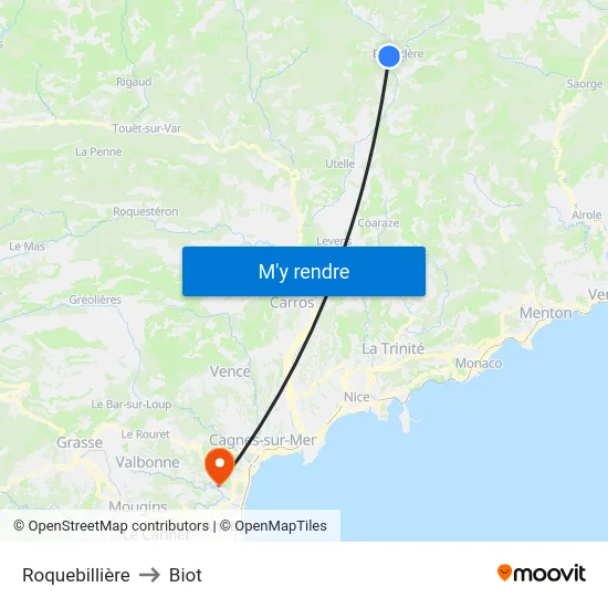 Roquebillière to Biot map