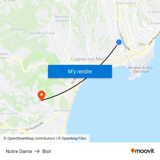 Notre Dame to Biot map